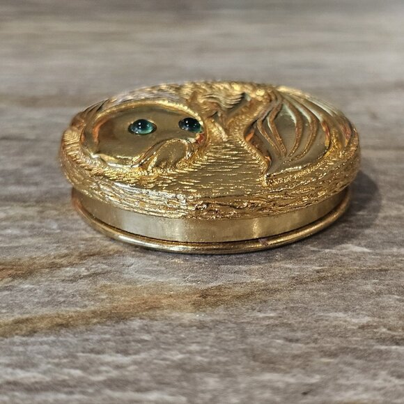 VTG Compact For Perfume Balm Koi Fish Green Rhinestone EMPTY Gold Tone 1 5/8" - Picture 3 of 9